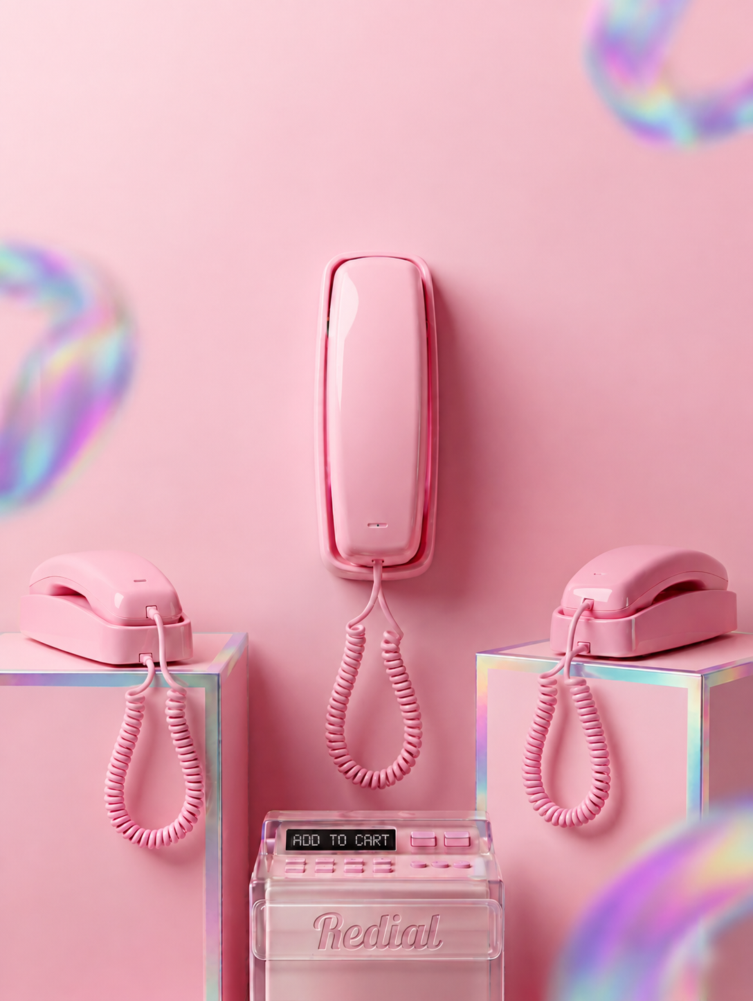 Three pink Redial Bluetooth landline style phones arranged with a central base