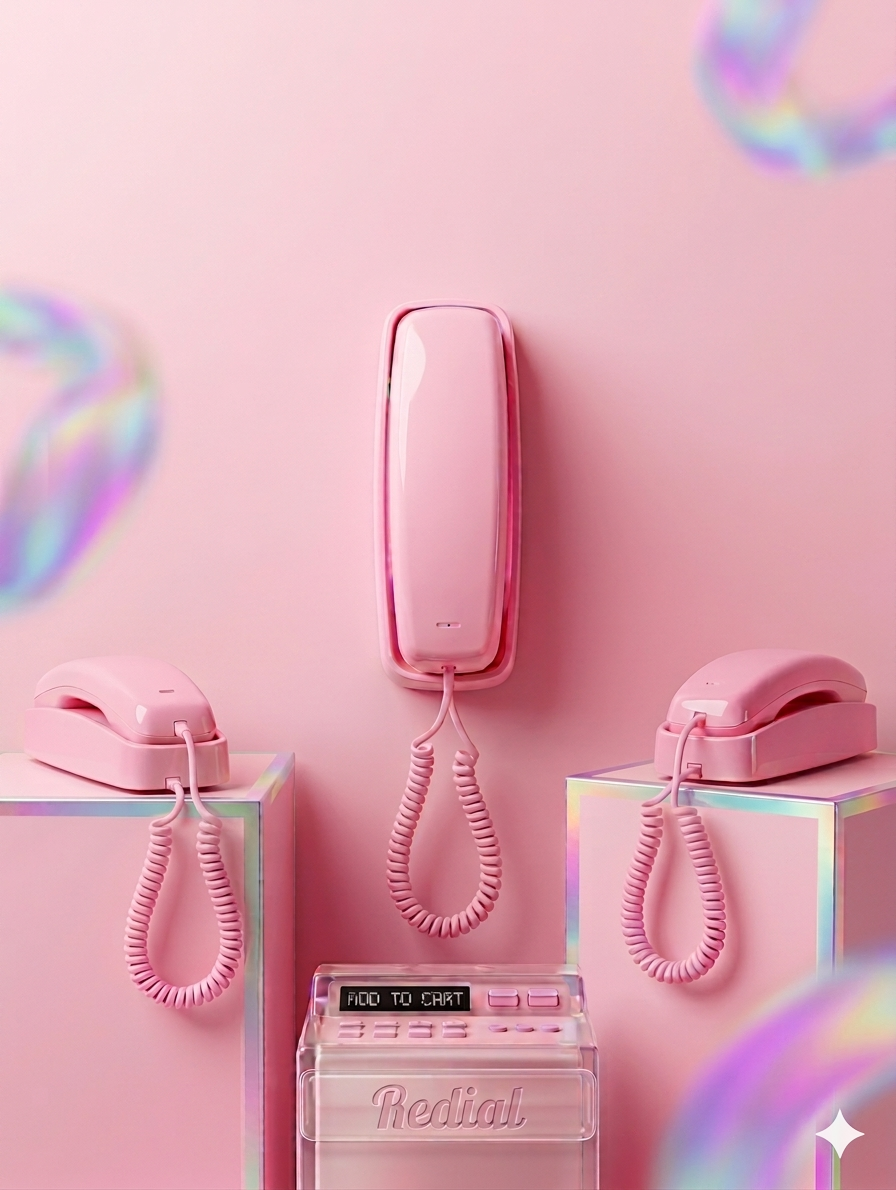 Three pink Redial Bluetooth landline phones arranged with a central base