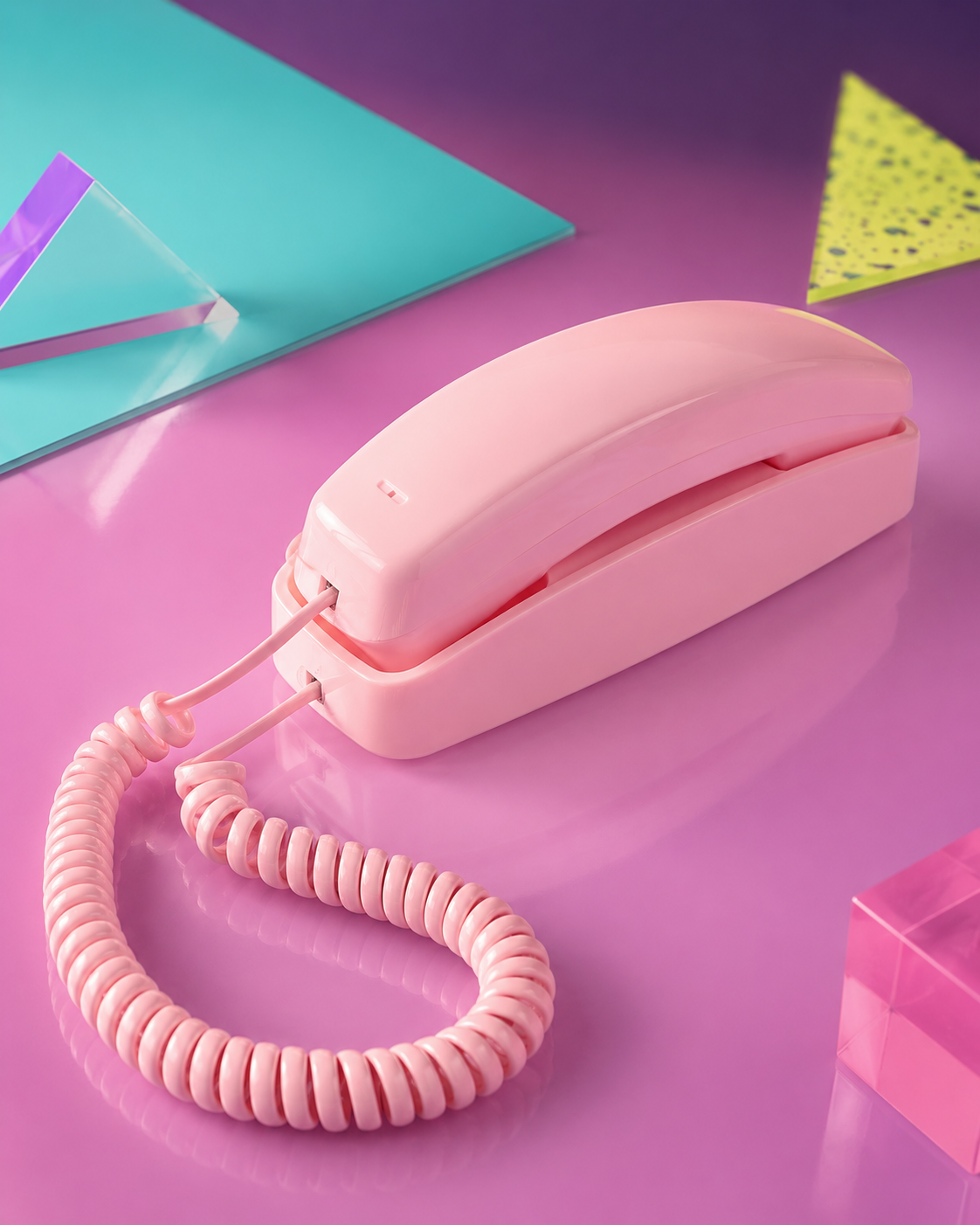 Pink Redial Bluetooth landline phone on a colourful pink and teal product set