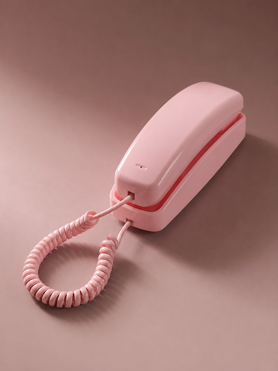Close-up of a pink Redial Bluetooth landline phone and coiled cord